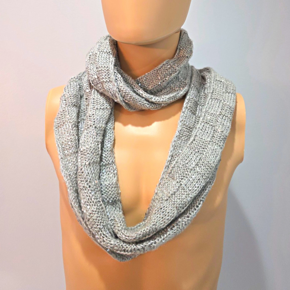 Women's Gray Knit Checkerboard Infinity Scarf w/ Sequins Acrylic/Poly 32x10